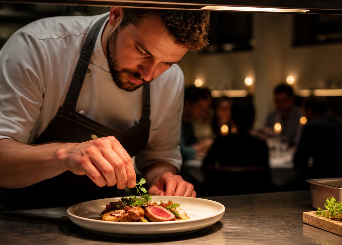 Chef plating a dish at the Laurel Bistro kitchen pass