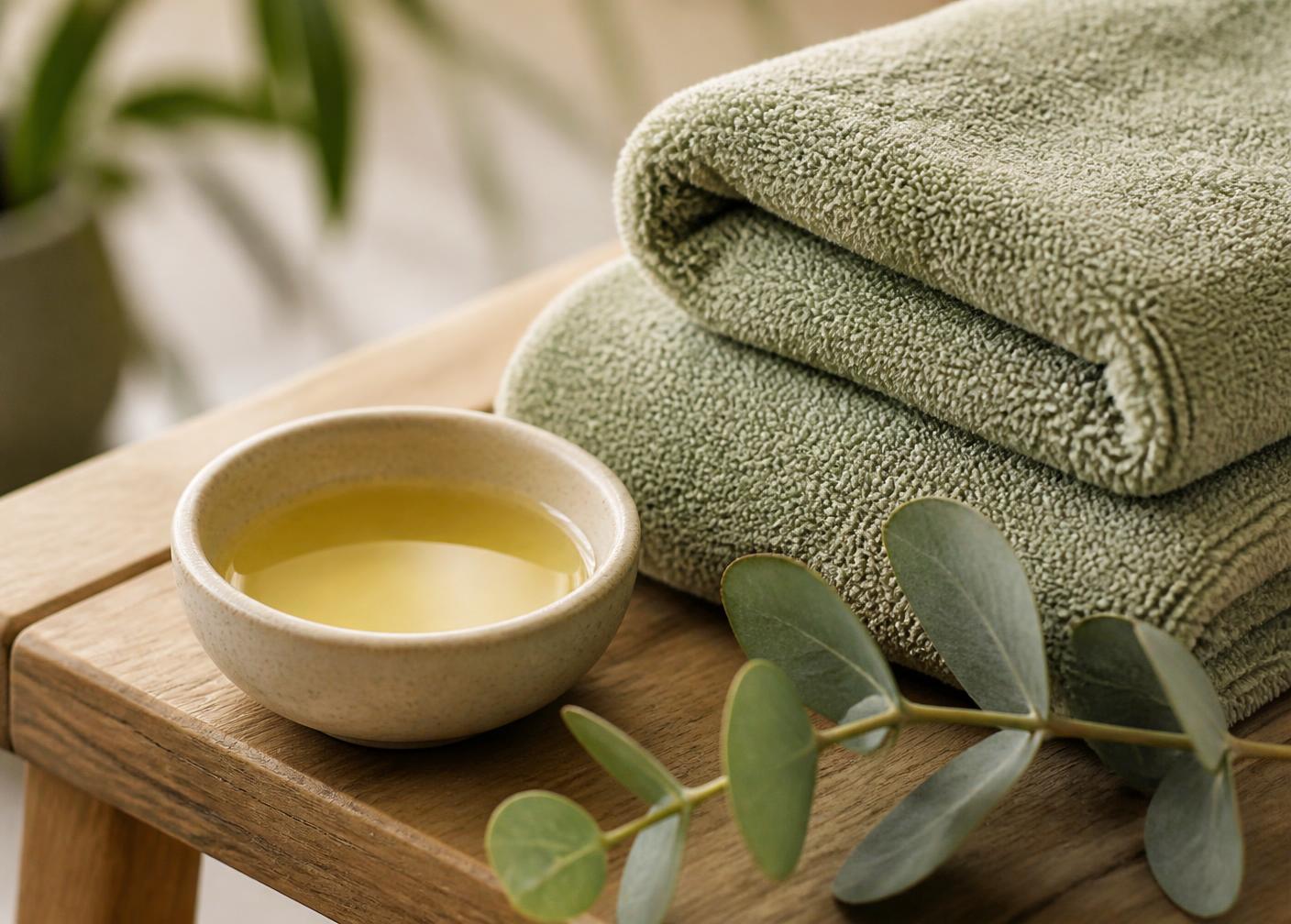 Folded towels, massage oil, and eucalyptus on a wooden bench