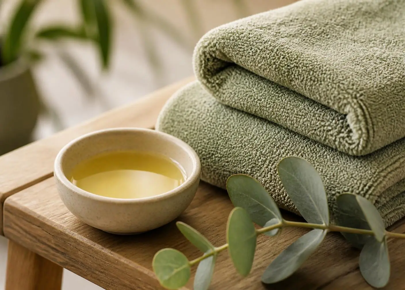 Folded towels, massage oil, and eucalyptus on a wooden bench